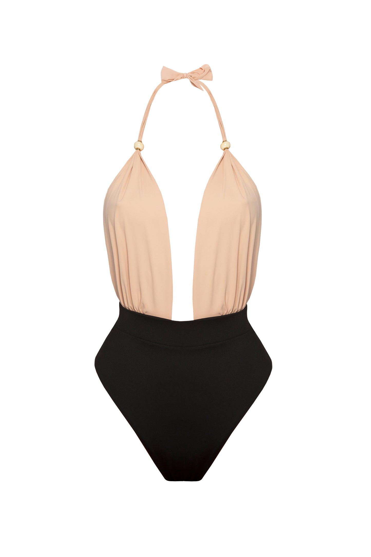 Czarno-beżowy jednoczęściowy strój kąpielowy z modnymi detalami i odsłoniętymi plecami BS Rhapsody marki Praia Beachwear