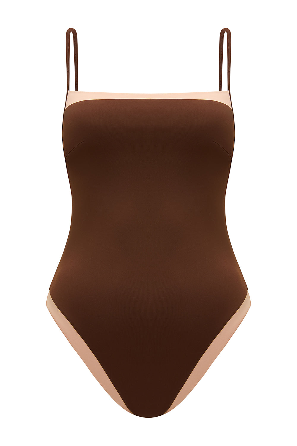 Minimalistyczny strój kąpielowy premium z lamówką idealny na basen Baltic II Chocolate/Nude w odcieniach brązu i nude marki Praia Beachwear