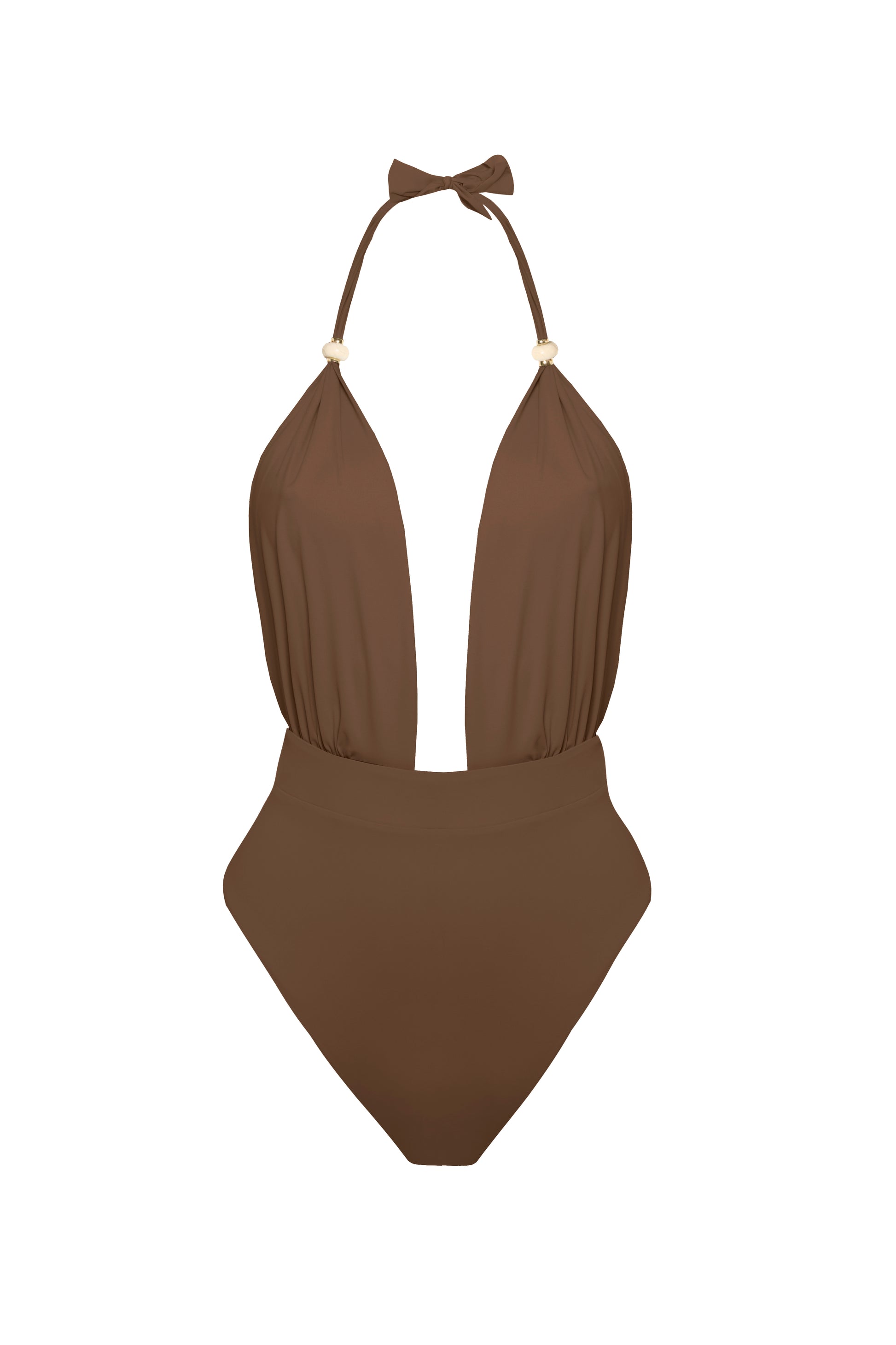 Luksusowy brązowy jednoczęściowy strój kąpielowy z odsłoniętymi plecami i ozdobnymi koralikami marki Praia Beachwear