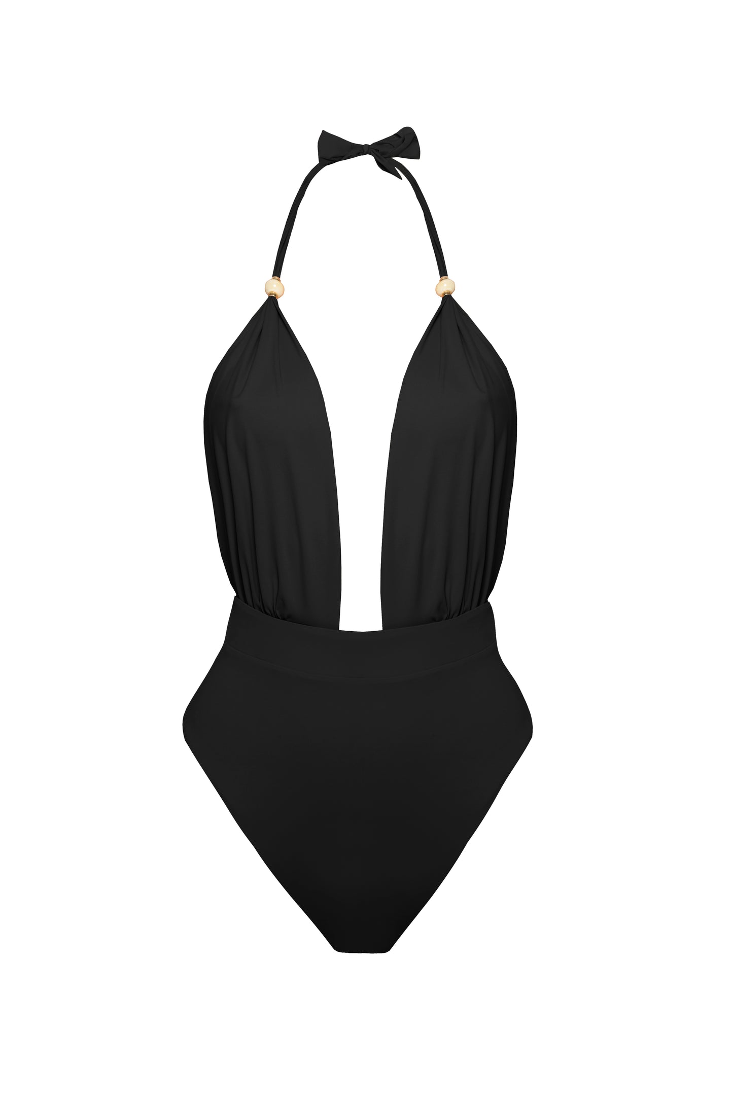 Luksusowy czarny jednoczęściowy strój kąpielowy z odsłoniętymi plecami i ozdobnymi koralikami marki Praia Beachwear