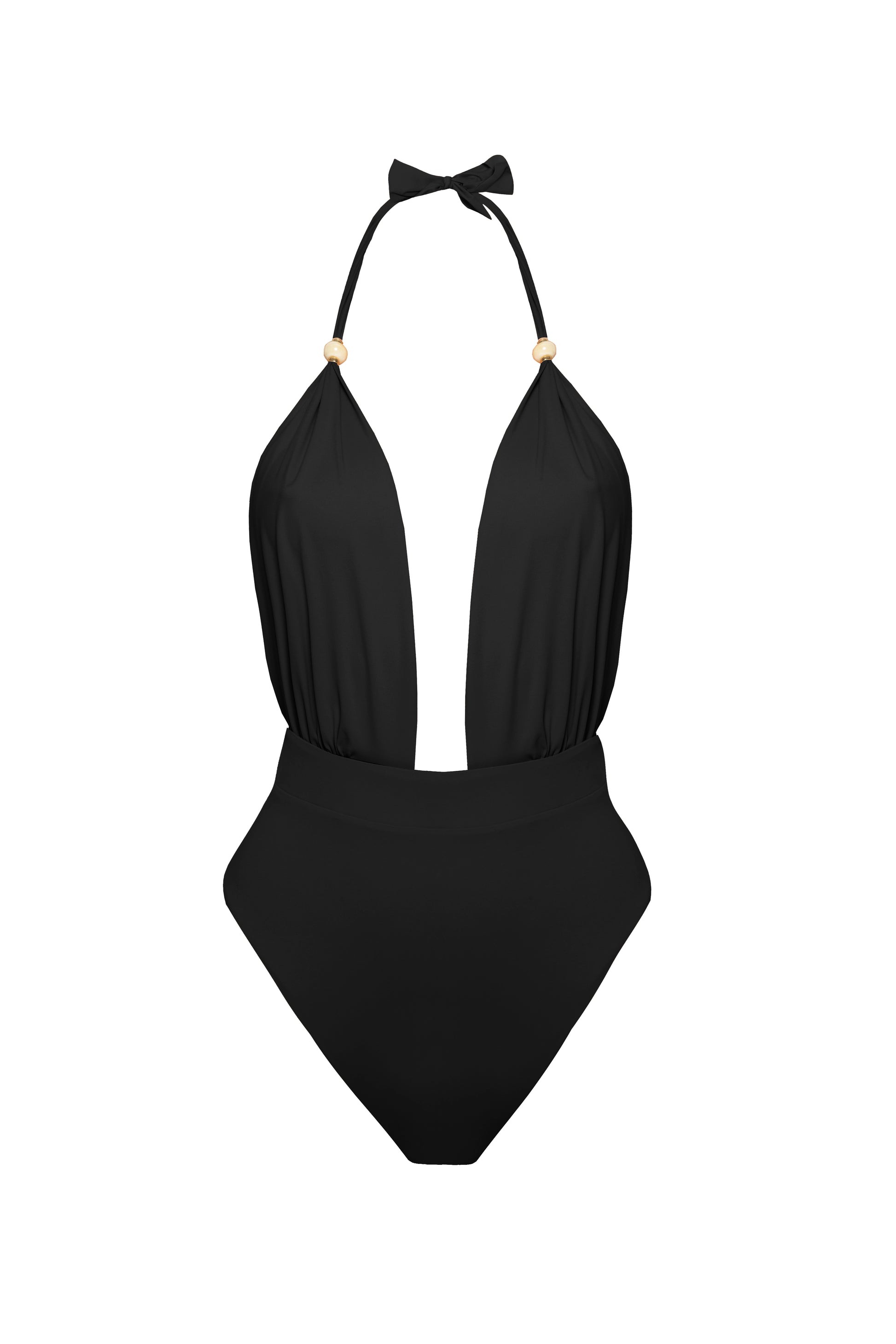 Luksusowy czarny jednoczęściowy strój kąpielowy z odsłoniętymi plecami i ozdobnymi koralikami marki Praia Beachwear