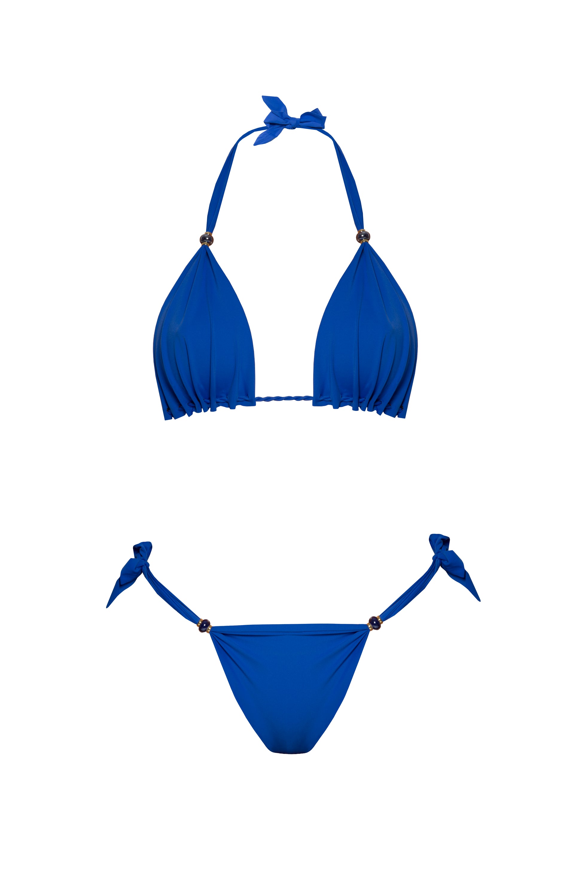 Luksusowe bikini BB Waterfalls ze złotymi koralikami w kolorze niebieskim od marki Praia Beachwear