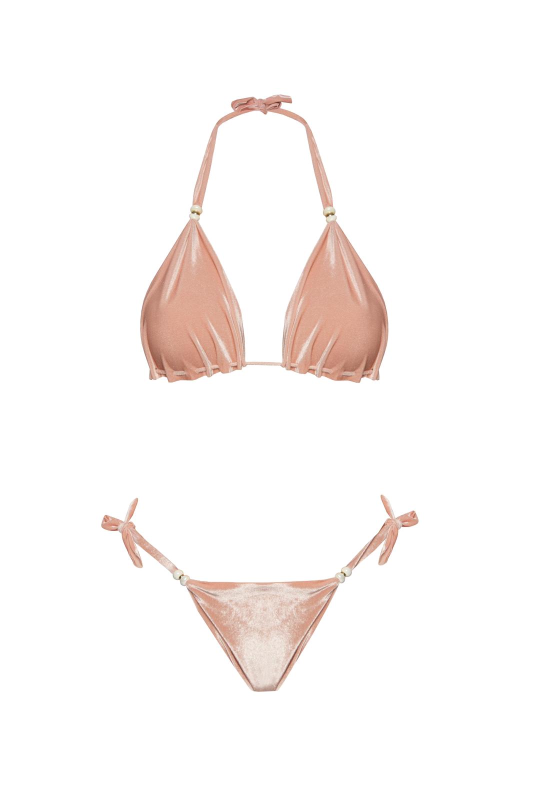 Różowe welurowe bikini premium BB Pink Velvet z koralikami pozłacanymi 24k złotem marki Praia Beachwear