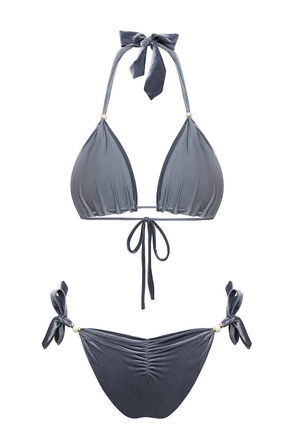 Luksusowe bikini ze złotymi koralikami i błyszczącym wykończeniem BB Grey Velvet od marki Praia Beachwear