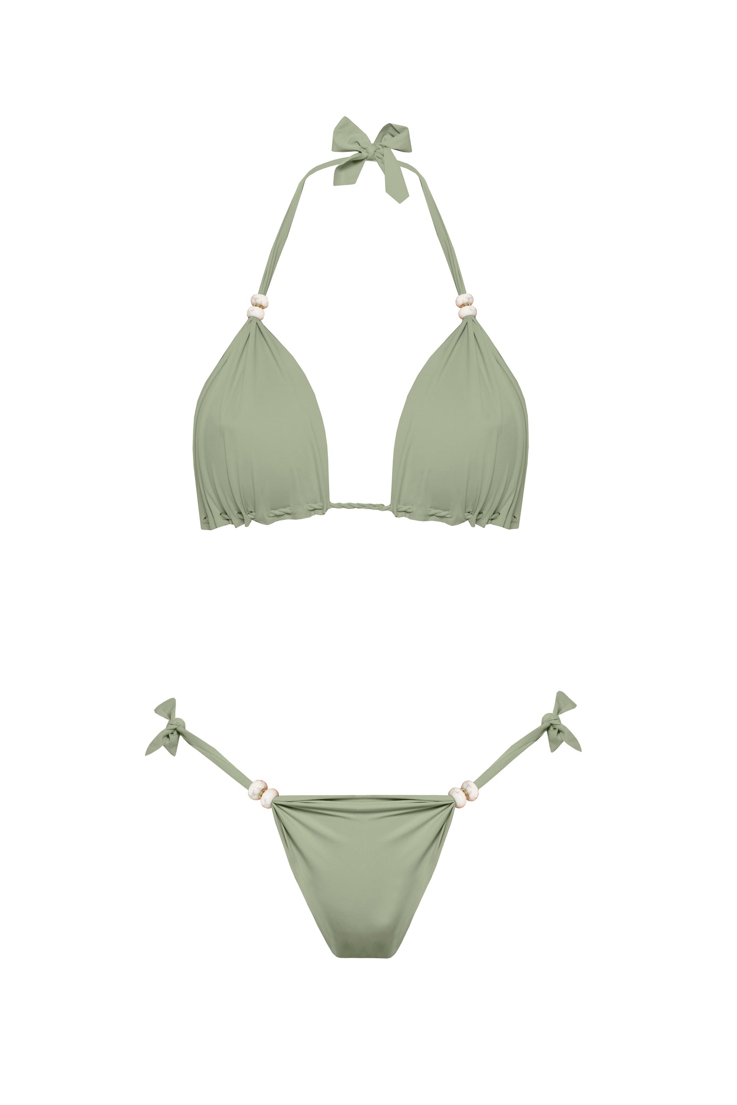 Luksusowe bikini BB Matcha ze złotymi koralikami w kolorze matcha od marki Praia Beachwear