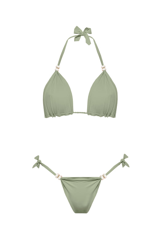 Luksusowe bikini BB Matcha ze złotymi koralikami w kolorze matcha od marki Praia Beachwear
