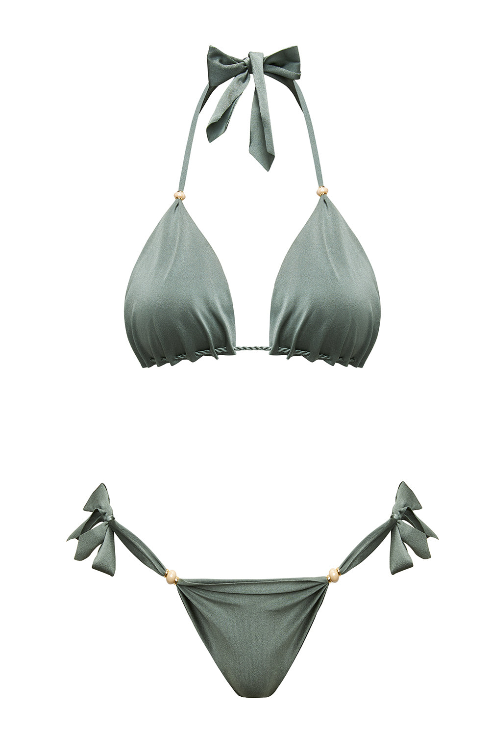 Bikini premium BB Shiny Army Dreamers z koralikami pozłacanymi 24k złotem od polskiej Praia Beachwear w kolorze zielonym z błyszczącym wykończeniem