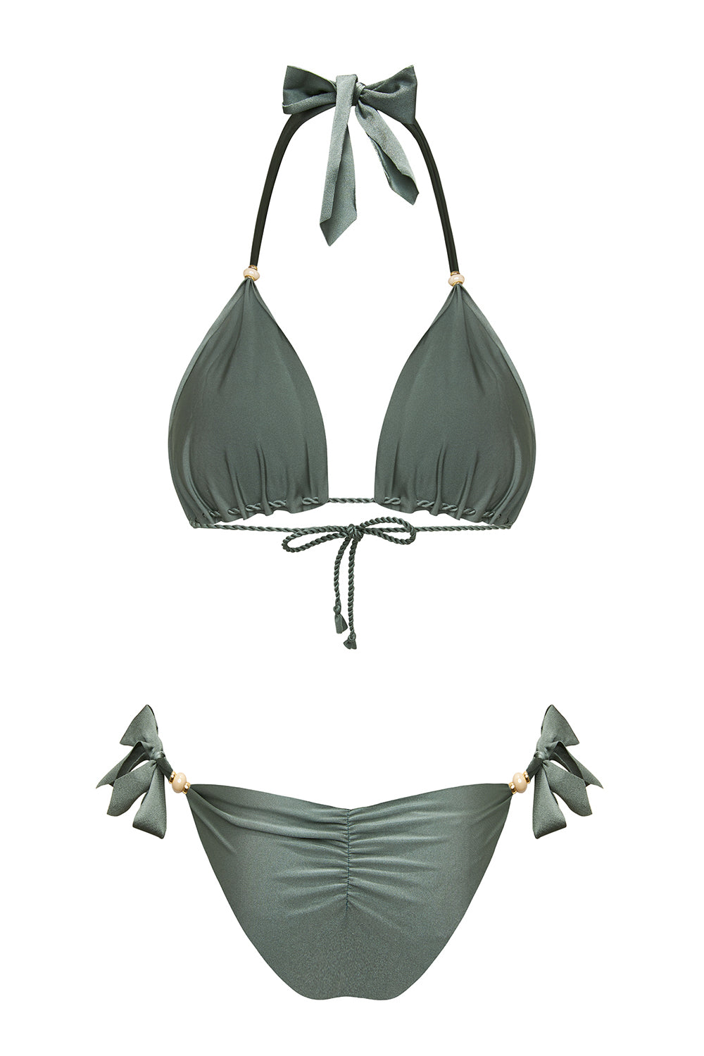 Błyszczący dwuczęściowy kostium kąpielowy premium na plażę w kolorze zielonym z ozdobnymi koralikami marki Praia Beachwear