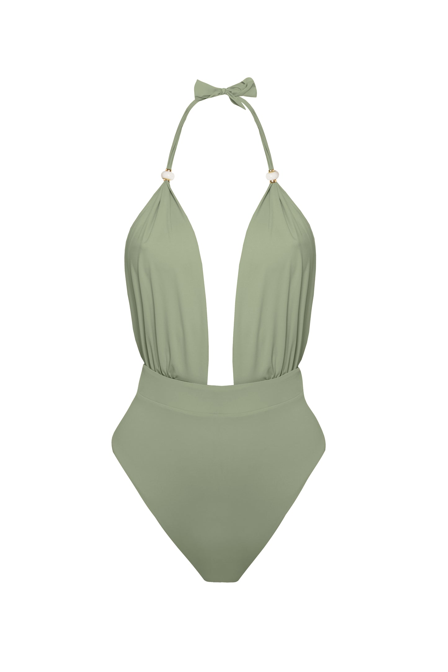 Stylowy i kobiecy strój kąpielowy typu body z wysokim stanem w odcieniu zielonym BS Matcha Latte marki Praia Beachwear